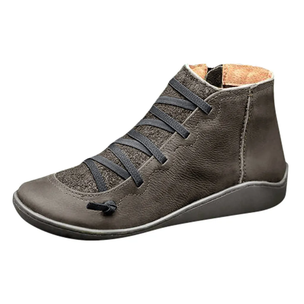 Женские повседневные удобные кожаные ботинки на плоской подошве в стиле ретро с мягкой подошвой и шнуровкой ботинки с круглым носком на молнии сбоку женская зимняя обувь - Цвет: Gray