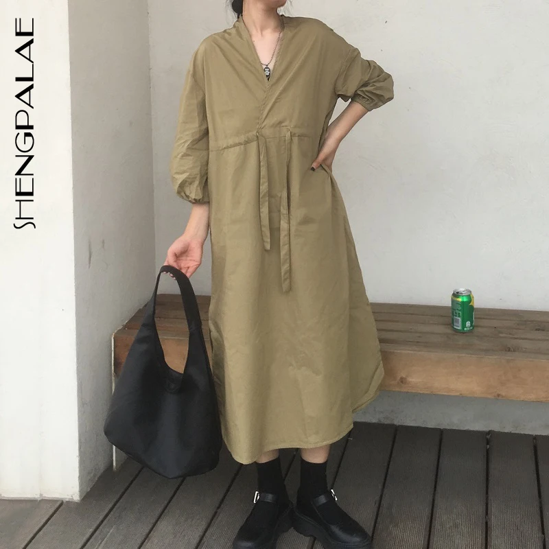 

SHENGPALAE Chic Minimalist Vintage Fashion V Lead Pulling Rope Chalaza Design Solid Color Long Fund Overknee Dress Woman FT741