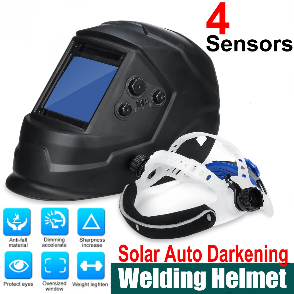 

Solar Power Auto Darkening Welding Helmet 4 Arc Sensor Welding Mask Helmet Welder Cap Lens Face Big View DIN5-DIN13 TIG MIG MMA