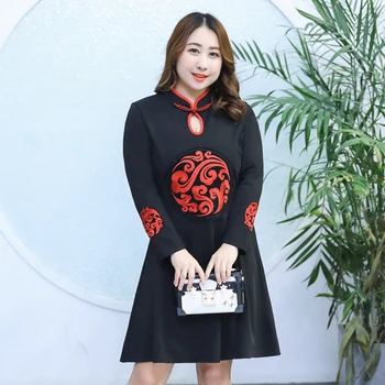 

Women's Spring Cheongsam Style Water Drop Collar Embroidery A line Dress Plus Size Knee length Casual Dress 100Kg can wear