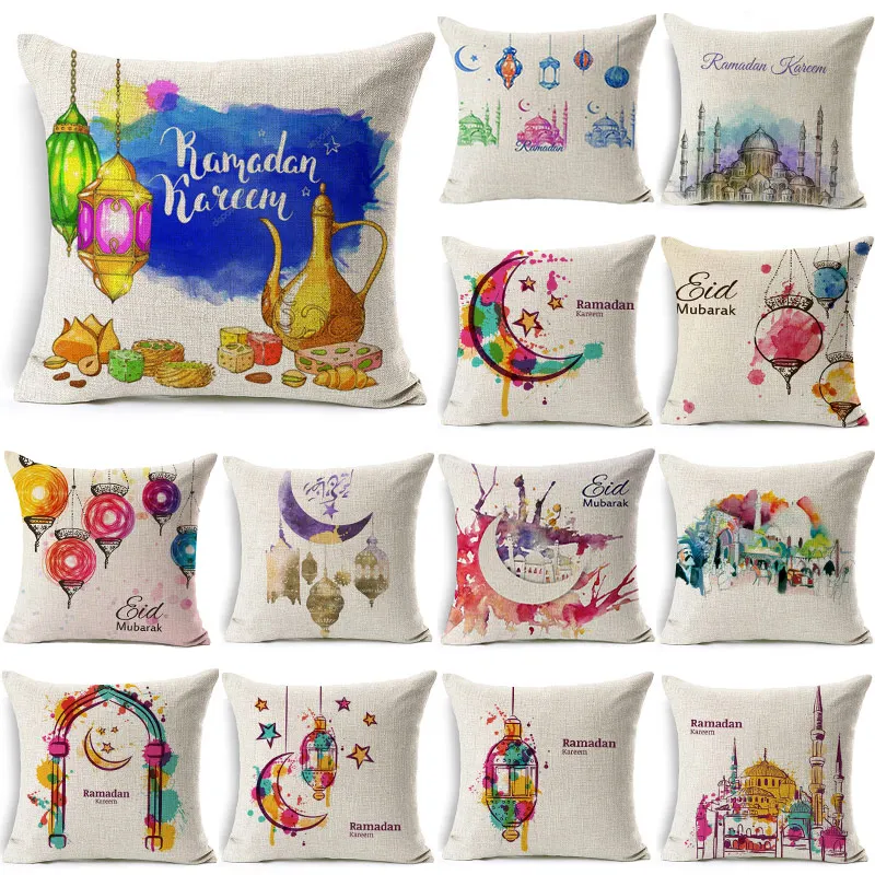 Ramadan Decoration Cushion Cover Linen Blessed Eid Mubarak Moon Lantern Decorative Pillows Mosque Pillowcase 40253 | Дом и сад