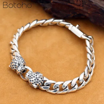 

925 Sterling Silver color Double leopard head Bracelet for Men Punk Rock Charm Chain Bracelet Bangle Jewelry Father's day Gift