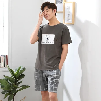 

Summer Knitted Cotton Cartoon Men's Pyjamas Short Sleeve Pajamas Set Male Sleepwear Pyjamas Nightsuits 3XL Homewear Set Print