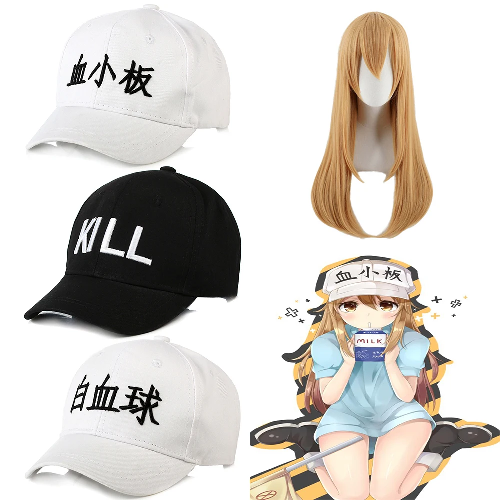 

Cells at Work Cap Hataraku Saibou Platelet Leukocyte Hat Long Straight Brown Wig Fair Cosplay Anime Kill Letter Hats
