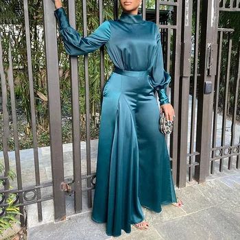 

Vintage Green Stain Turtleneck Office Ladies Full Length High Waist Long Sleeve Wide Leg Ruffles Long Women's Jumpsuit Romper