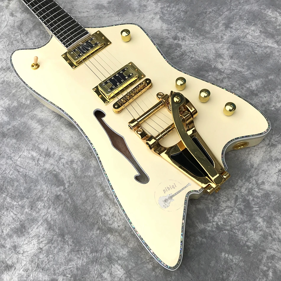 Custom shop Пользовательские электрогитары, цвет оболочки перламутровая привязка, молочно-белый, f-отверстие, система vibrato большой джойстик, Золотое оборудование