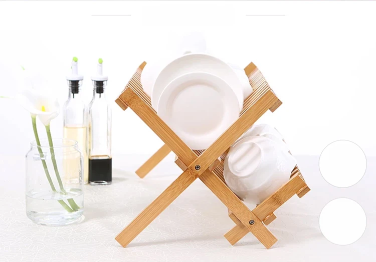 2-layer folding natural bamboo kitchen storage display stand Drying Tea coffee cup dish plate, dish storage rack Air drying 470m