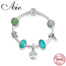 Высокое качество 925 стерлингового серебра шарм браслеты для женщин зеленый бусина из муранского стекла Дерево жизни Подвески змея цепь браслет