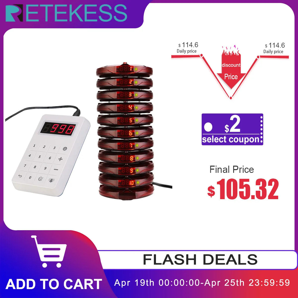 Retekess TD158 Restaurant Pager 10 Coaster Pager Waterproof Touch Keypad For Clinic Coffee Church Nursey Queue Buzzer System