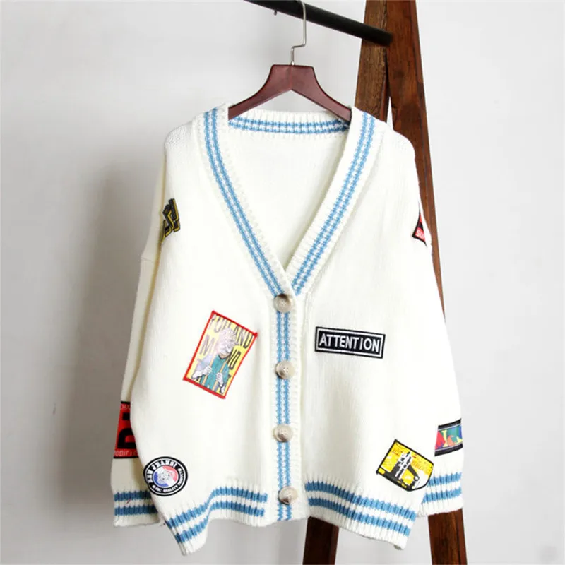 Женские трикотажные изделия JK стиль студенческий короткий Свободный Вязаный Кардиган корейский цветной блок свитера с вышивкой винтажные толстые свитера