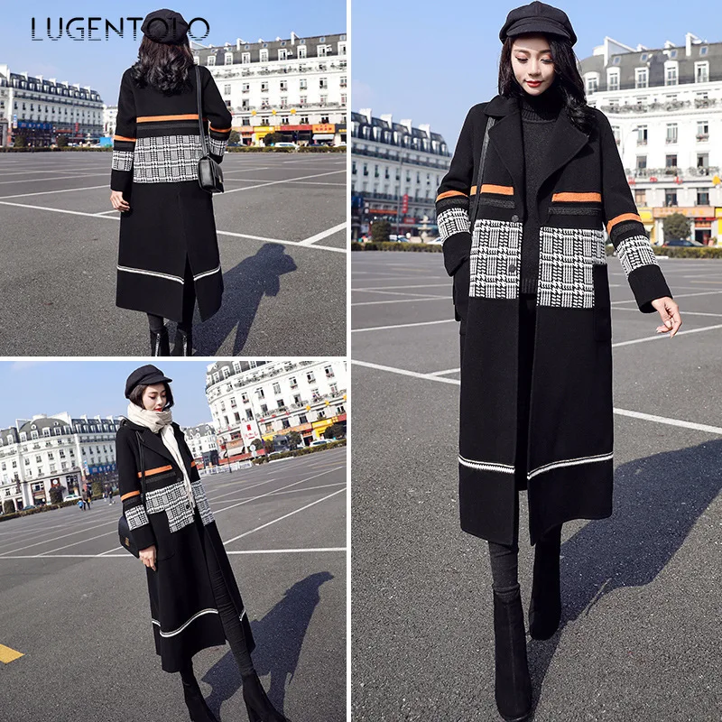 Lugentolo, Женское шерстяное пальто, осень и зима, модное, большой размер, длинное, с отстрочкой, хит, цвет, гусиная лапка, по колено, вязаное шерстяное пальто