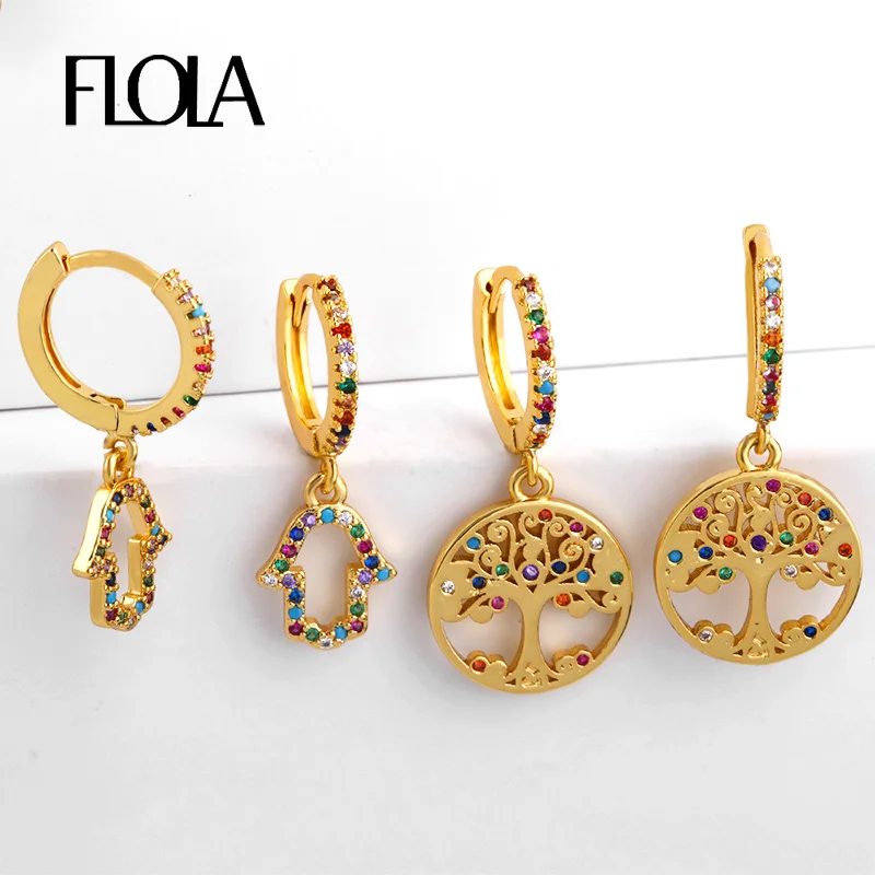 

FLOLA CZ Fatima Hand Earrings Rainbow for Woman Tree of Life Earrings mano fatima Gold Filled Huggies Zircon Earrings ersq72