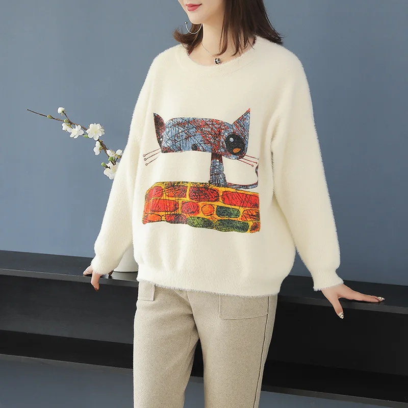 

2019 Korean version of the new fashion cute pattern Harajuku style round neck loose long-sleeved casual sweater high quality