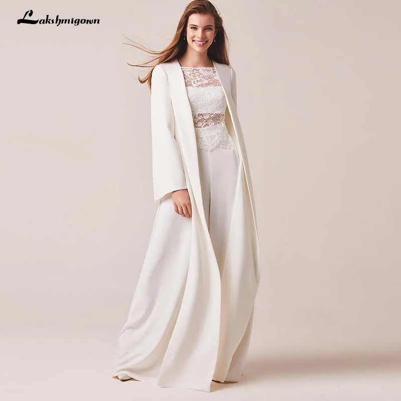 

Modest Ivory satin Wdding Dresses With Detachable Skirt Long sleeves Bride Gown Bridal Party Pants for Women Vestido De Noiva