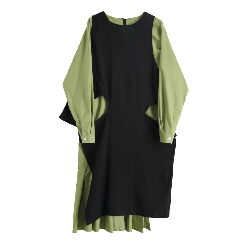 

LANMREM 2020 New Spring And Summer Round Neck Full Sleeves Green Cotton Dress Pullover Asymmetrical Two Pieces Vestido 19B-a366