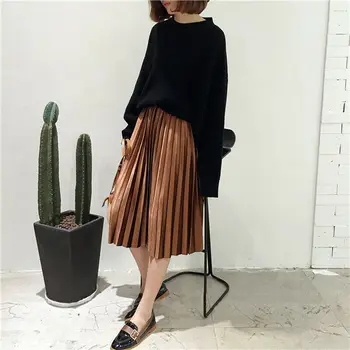 

Women Skirt Midi High-waist Pleated Pleuche Elastic Skirts Winter Casual Maxi Skirt /BY