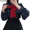 Womens Basic Office Lady Work Wear Sexy Semi Transaprent Cute Bow Tie Top Single Breasted Button Solid White Shirts Blouses 3