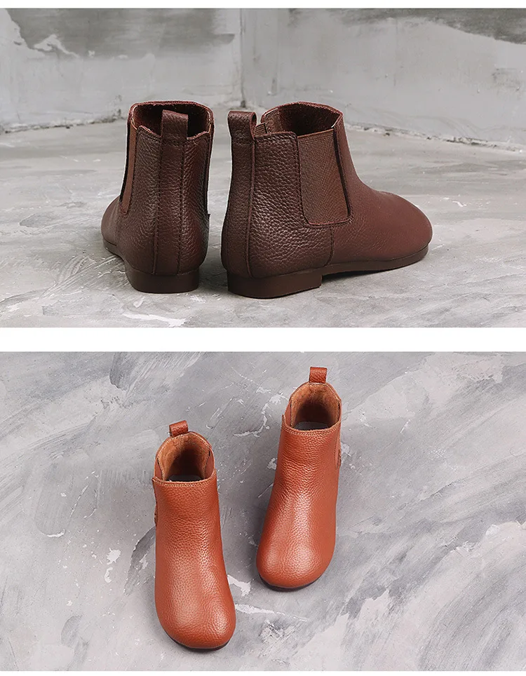 2021 new Leather ankle boots, flat shoes, vintage boots, round head, cowhide shoes, single boots PIAN