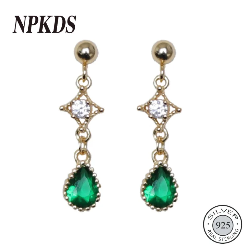 

Sterling 925 Silver Chain Emerald Earrings Green Zircon Water Drop Vintage Stud Earrings for Women New French 925 Silver Jewelry