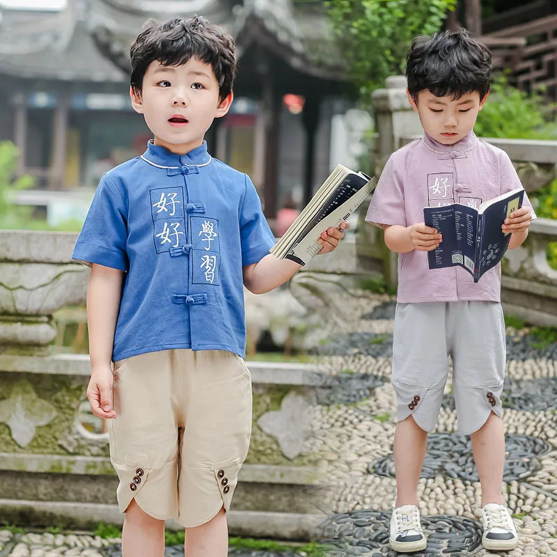 

BOY'S Chinese Clothing Summer Nation Short Sleeve Retro Chinese Style Chinese Clothing Set-Style Children Chinese Costume Men Co