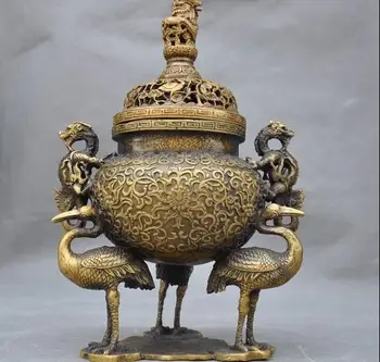 

Old Chinese Bronze Dragon beast Crane Bird pattern statue Incense Burner censer