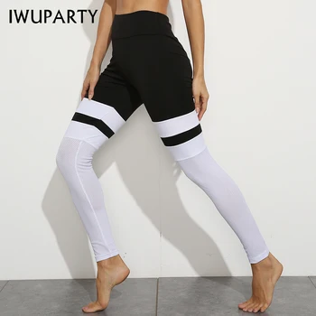 

IWUPARTY White Black Patchwork Mesh Leggings High Waisted Yoga Sport Leggins Activewear Women Scrunch Fitness Pants Gym Tights