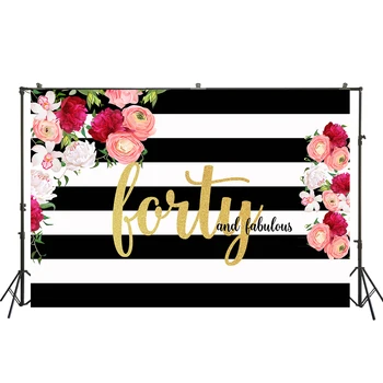 

Customized Happy forty Birthday Background Black and White Stripe Flowers Backdrop Photography Background Birthday Banner W-2285
