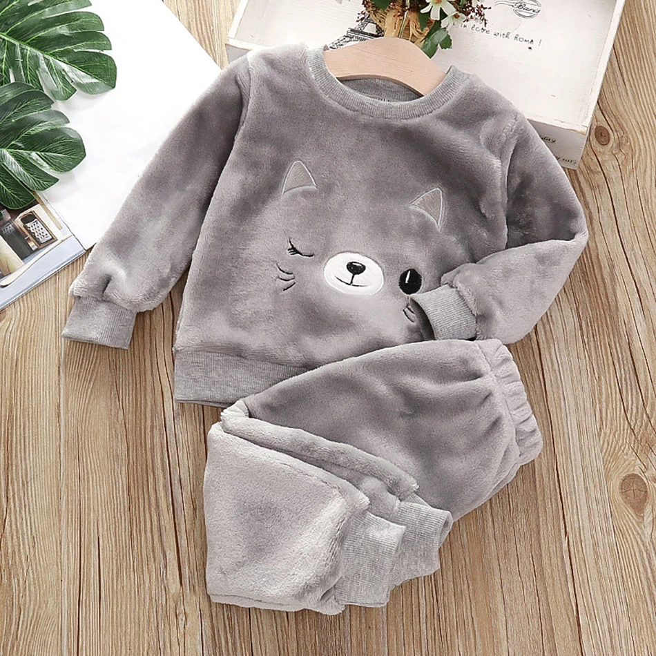 Baby Boy Warm Dinosuar Clothing Set Winter Cartoon Pajamas Outfit for Girls Pleuche Sweater Pants 2pcs Kids Suit 1-6Y kids clothing set