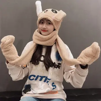 

Women Cute Rabbit Embroidery Earflap Hat with Airbag Jumping Ears Fluffy Plush 3 In 1 Cap Scarf Gloves Winter Photo Props Toys