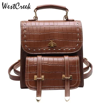 

WESTCREEK Cute Bee Small Women Backpack Vintage PU Leather Belt College School Student Stone Convertible Mini Backpacks Purse