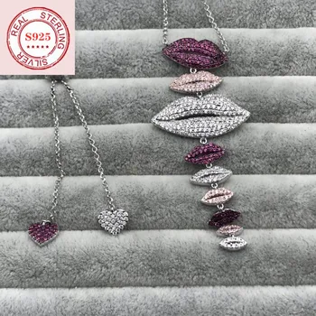 

TIF APN 925 sterling silver necklace, color lips adjustable simple long clavicle chain, personalized charm ladies jewelry.