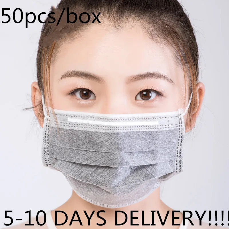 

Real Stock 50pcs/Box Face Mask 4 Layers Prevent Bacteria Anti Dust Activated Carbon Filter Proof Flu Mouth Masks Fast Delivery