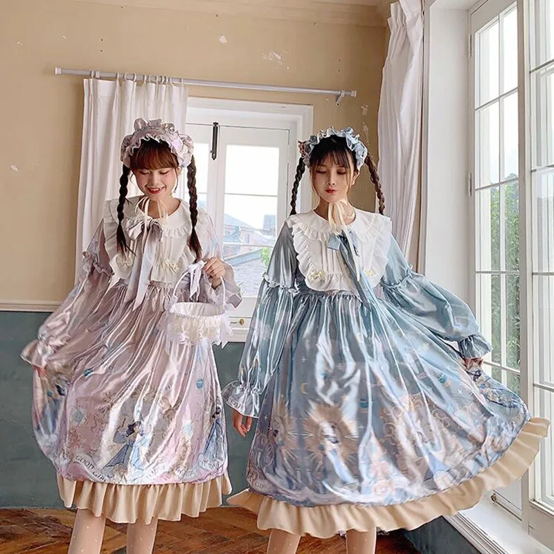 

Japanese sweet lolita dress vintage falbala bowknot peter pan collar cute printing victorian dress kawaii girl gothic lolita op