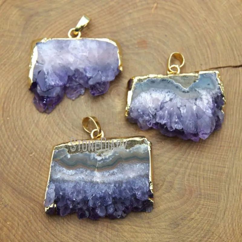 

PM10591 Raw Druzy Purple Amethyst Crystal Slice Cluster Pendant Gold Plated Jewelry