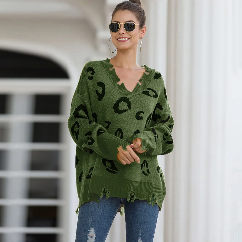 Loose Ripped Sexy Deep V Neck Jumpers Leopard Knit Women Runway Sweaters Winter Fall Pullover Long Sleeves Knitted | Женская одежда