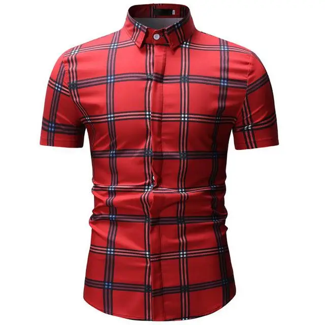 Men's plaid pocket shirt new design men's slim short sleeve dress shirt casual men's shirt Chemise Homme Camisa Social XXXL - Цвет: YS20 red