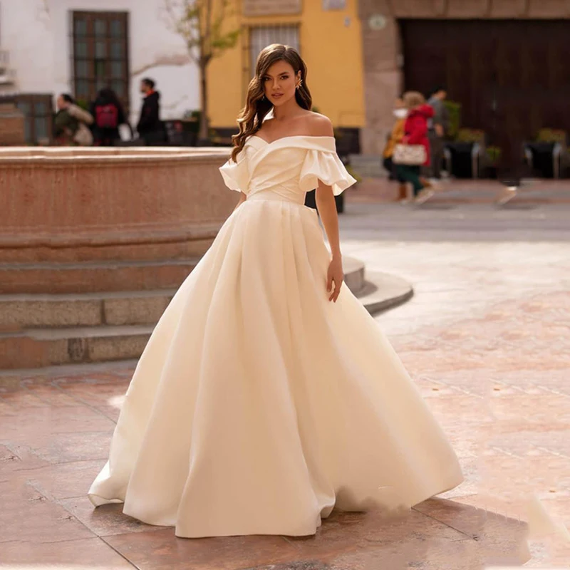 

Satin Princess Wedding Dress Flare Sleeve A Line Off The Shoulder Boho Bridal Gowns Vestidos de novia Lace Up Back