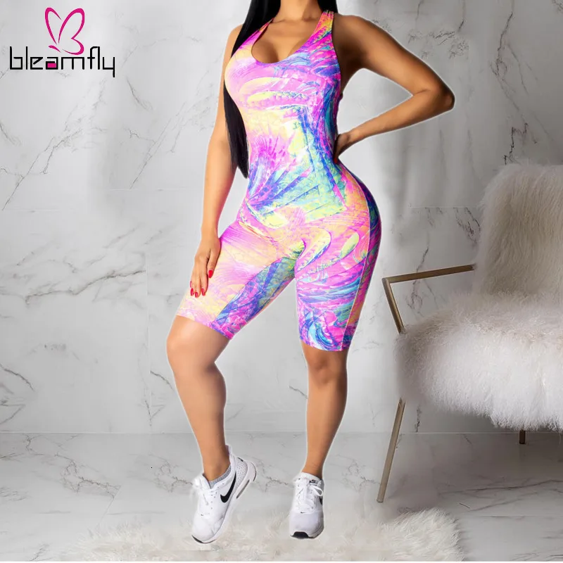 

Sexy Backless Bodycon Playsuits Women Colorful Printed Halter Sleeveless Criss Cross Skinny Rompers Summer Party Club Overalls