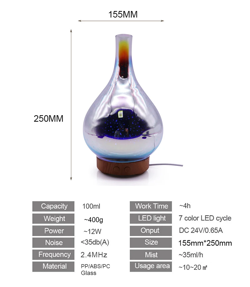 3D фейерверк Стекло ваза Форма увлажнитель воздуха с светодиодный ночной Светильник арома-диффузор для эфирных масел, тумана