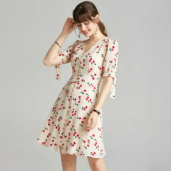 

Mini Dress Summer Women's 100% Natural Silk 2020 New Cherry Printed V-Neck Single Breasted Short Sleeved High Waist A-Line Dress