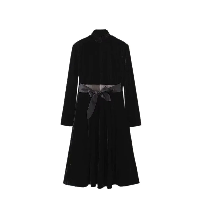 

2019 Autumn & Winter WOMEN'S Dress New Products-Style Elegant Elegant Bow Lace-up Velvet Joint lu du Dress