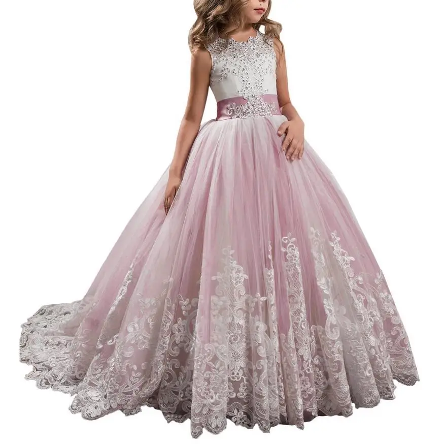 Розовый Vestidos de primera comunión/Новинка; кружевное платье с аппликацией из Алина, бирюзы, лаванды, розовый мятный зеленый, бордовый цвет; Свадебные Платья с цветочным узором для девочек - Цвет: Розовый