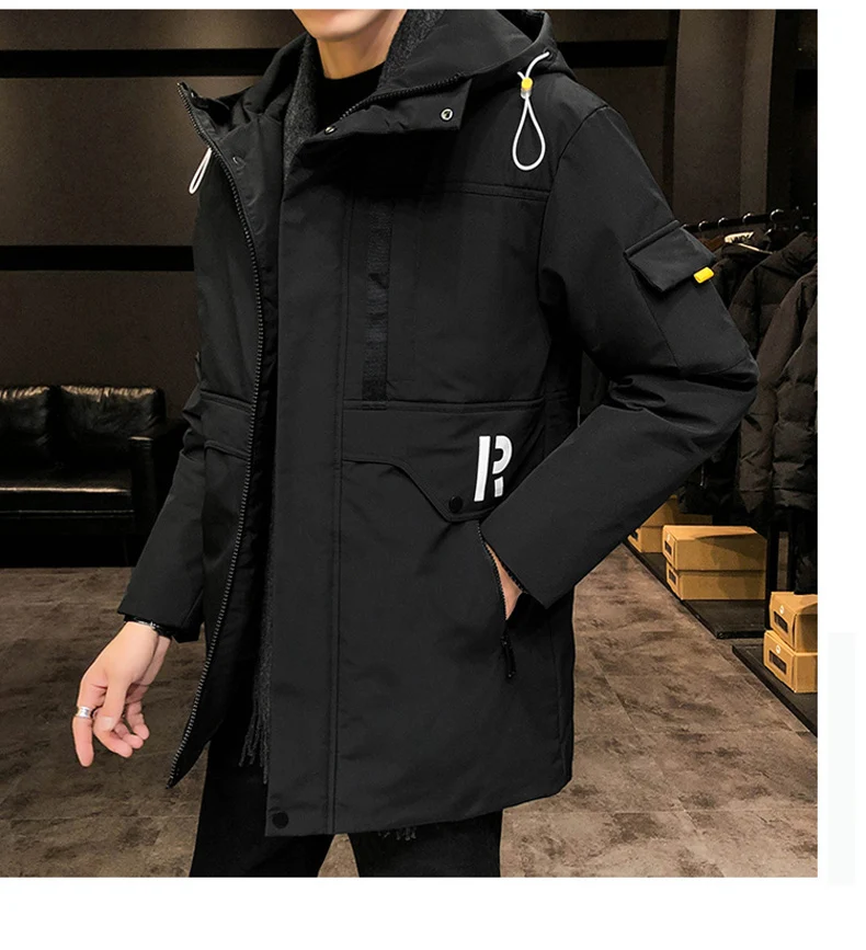 Длинное пальто ветровки Мужская зимняя куртка теплая Корейская свободная Мужская одежда хлопок с капюшоном уличная молния