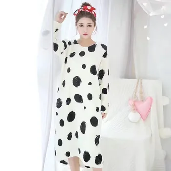 

Winter New Long Sleeve Women Nightgown O Neck Cute Cartoon Cow Thick Flannel Nightdress Coral Velvet Female Warm Nigh Sleepwear