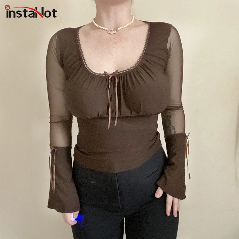 Женская облегающая футболка InstaHot элегантная прозрачная винтажная Сетчатая с