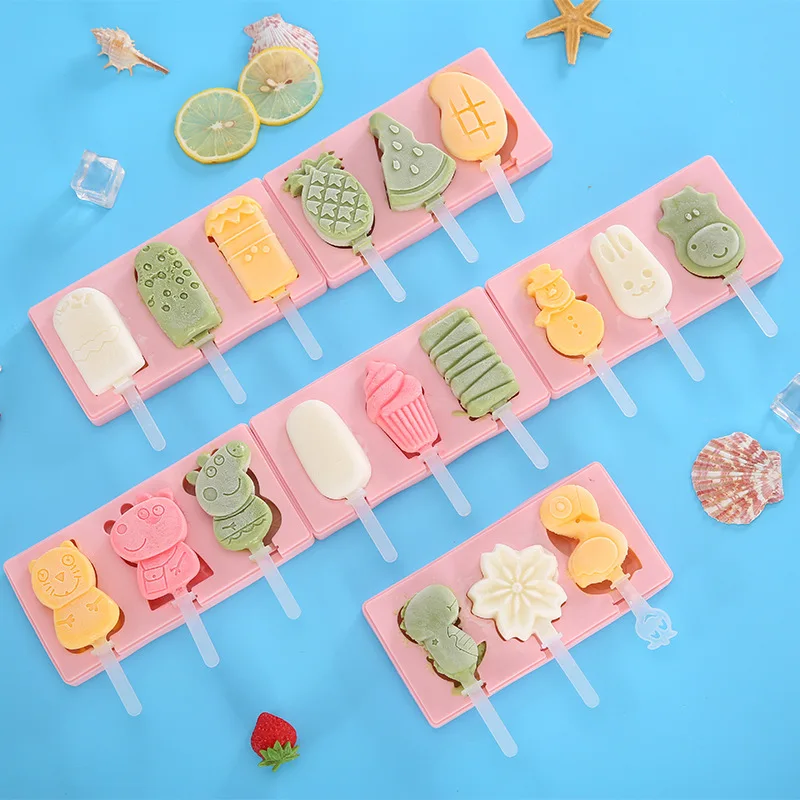 3-Grid Silicone Molds Cartoon Animal Ice Cream Mold DIY Cube Maker Jelly Cake Tools Kitchen Accessories With Popsicle Sticks | Дом и сад