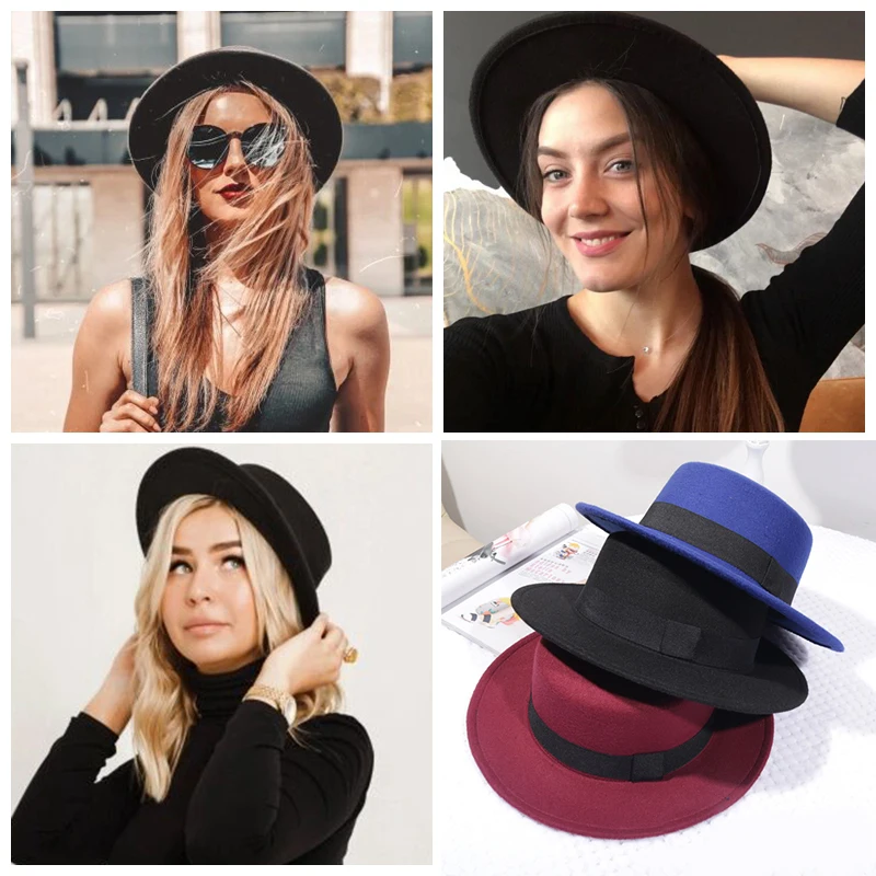 Winter Autumn Woolen Women Hat Classic Solid Color Felt Fedoras Hats Female Lady Wide Brim Flat Top Jazz Cap