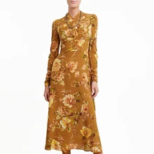 Women's Vintage Court Wind Cross-Neck Silk Print Waist Waist Thin Long Sleeve Dress