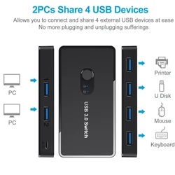 67JA – sélecteur de commutateur USB 3.0, adaptateur de commutateur KVM 4 Ports 2 en 4, Hub séparateur pour imprimante de Scanner PC, un bouton + câbles 