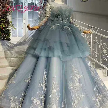 

AXJFU luxury princess beading crystal flower grey lace o neck long sleeve illusion ruffles bride rose grey wedding dress 99051